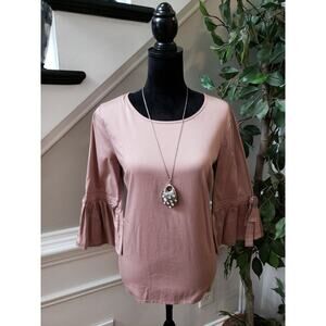 Como Vintage Trim Bell Sleeve Top Women's Size Medium Pink Cotton Boat Neck